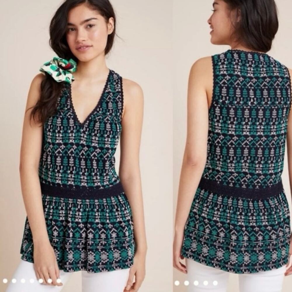 NWT Anthropologie Maeve $88 Cammie Embroidered Peplum Top Dark Navy Blue Green
